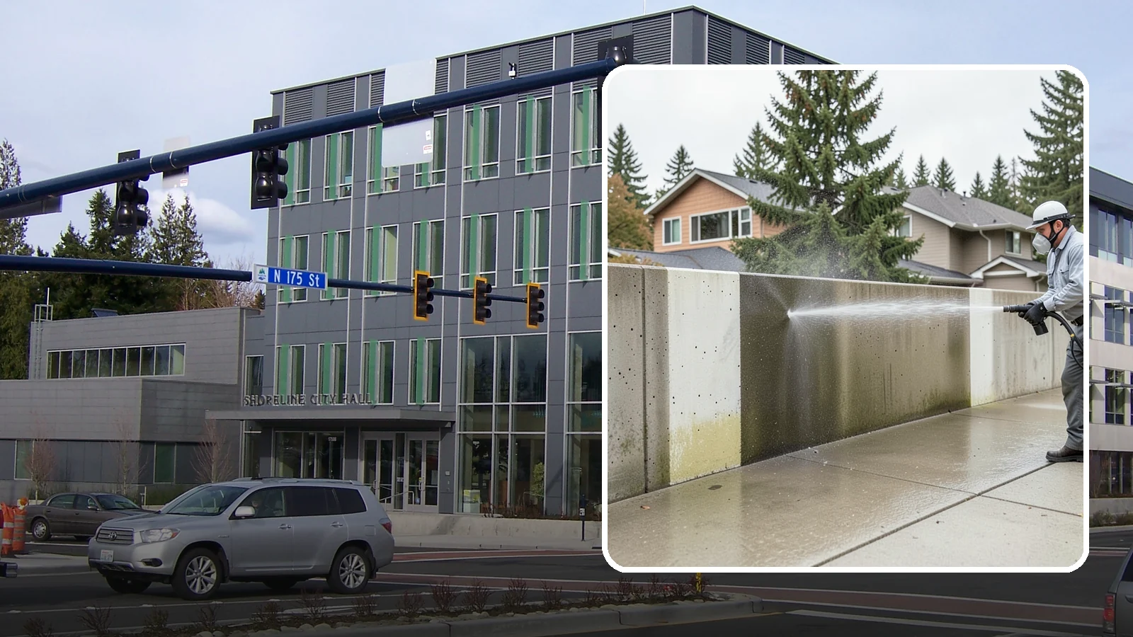 Concrete Wall Cleaning in Shoreline, King County, WA - Wash algae and grime from vertical concrete walls using soft-wash methods that clean without gouging.