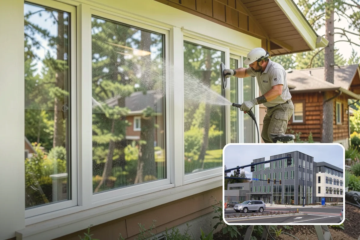 Concrete Wall Cleaning in Shoreline, King County, WA - Clears green algae from shaded, north-facing wall surfaces