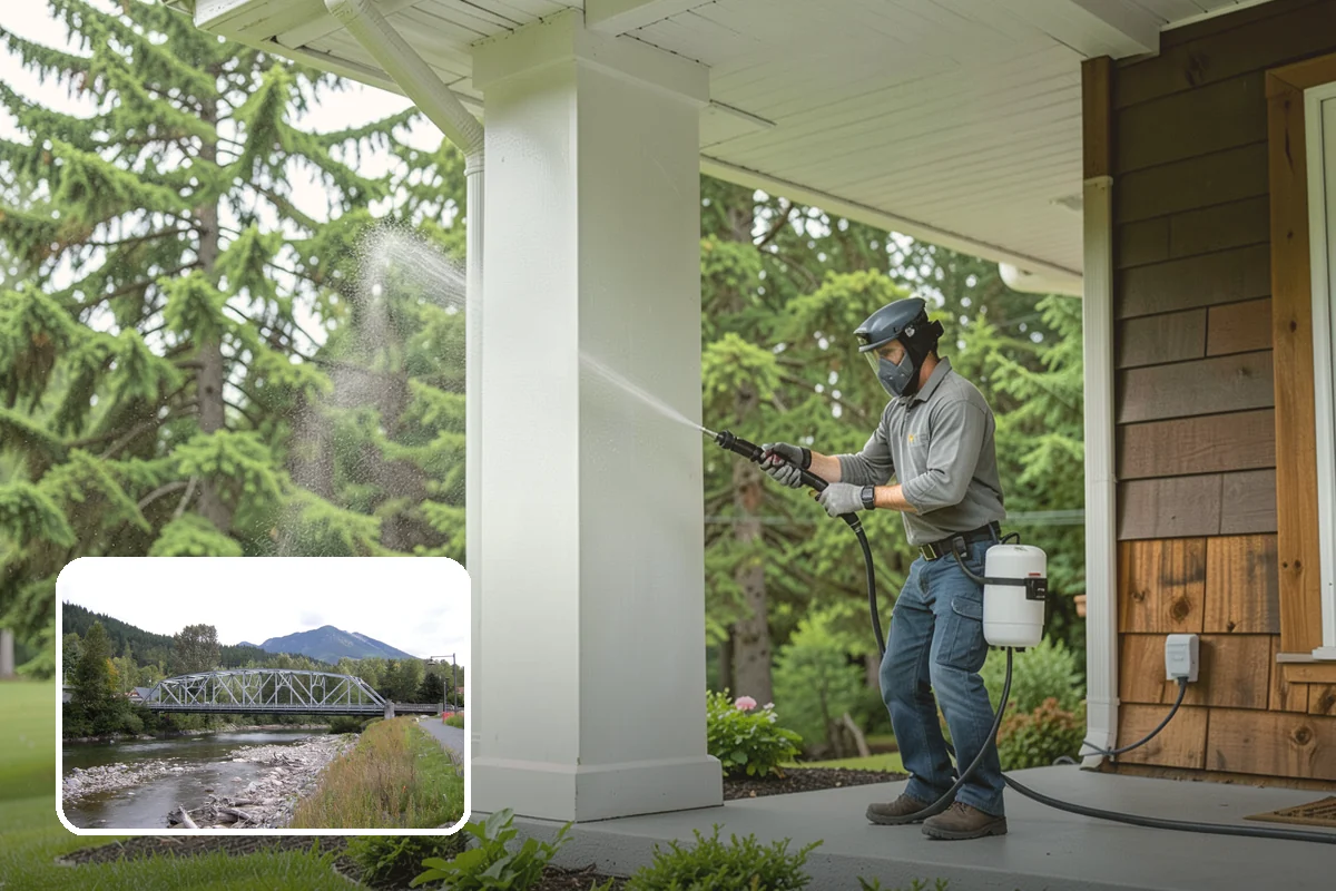 Concrete Wall Cleaning in Skykomish, King County, WA - Clears green algae from shaded, north-facing wall surfaces
