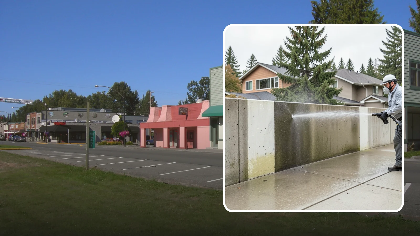 Concrete Wall Cleaning in Snoqualmie, King County, WA - Wash algae and grime from vertical concrete walls using soft-wash methods that clean without gouging.
