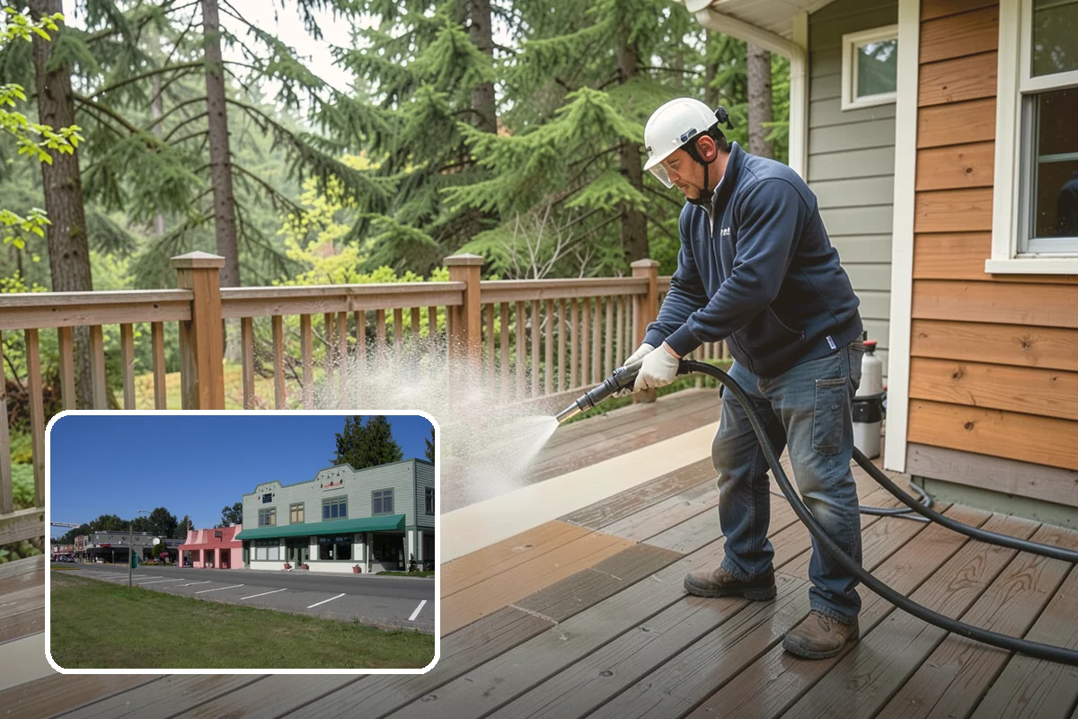 Concrete Wall Cleaning in Snoqualmie, King County, WA - Clears green algae from shaded, north-facing wall surfaces