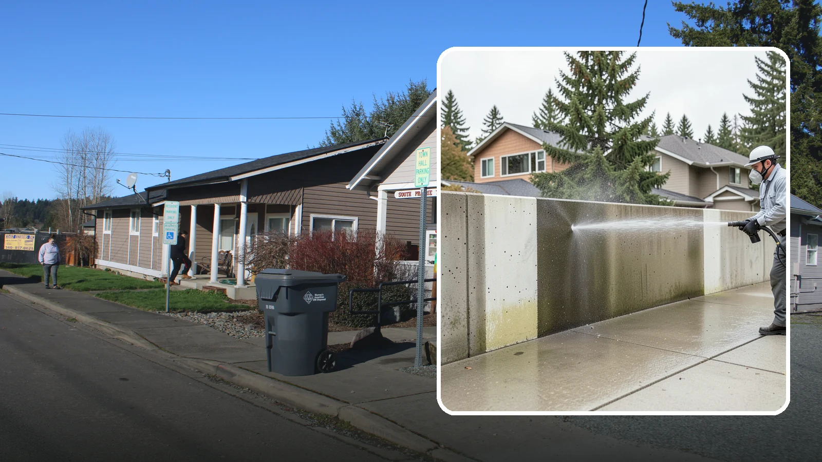 Concrete Wall Cleaning in South Prairie, Pierce County, WA - Wash algae and grime from vertical concrete walls using soft-wash methods that clean without gouging.