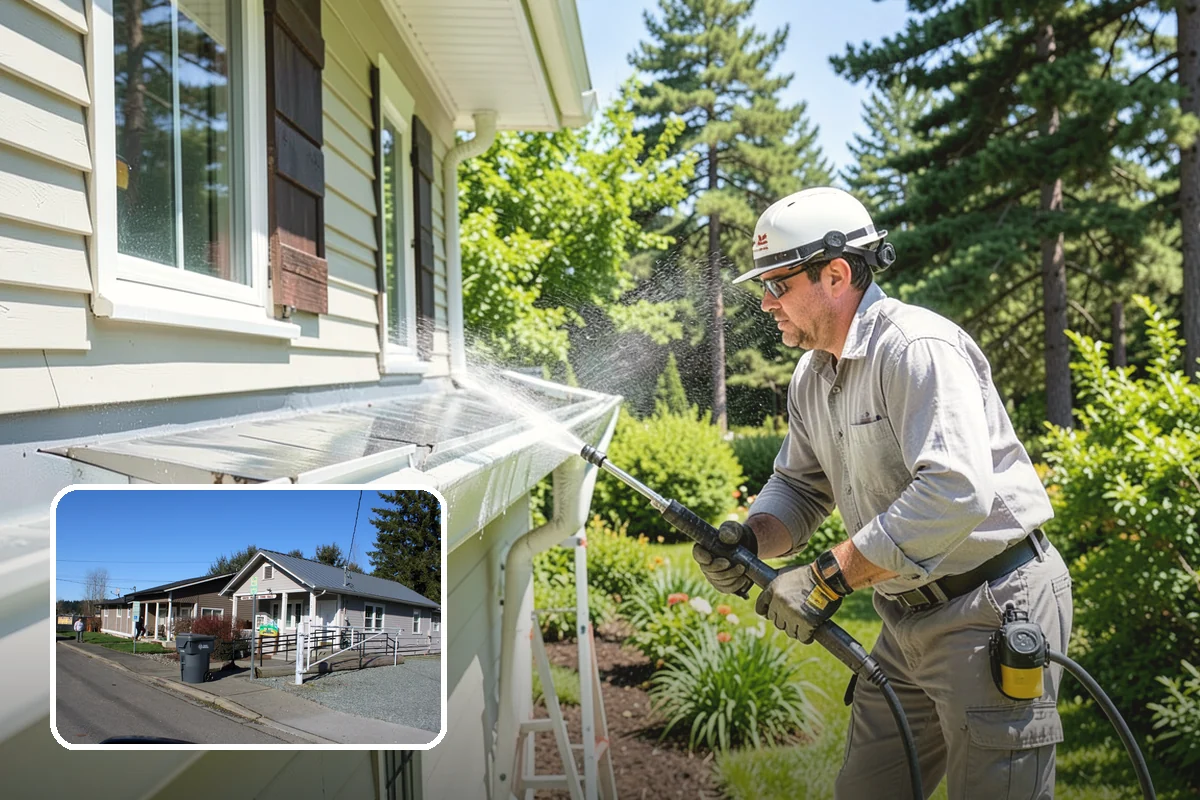 Concrete Wall Cleaning in South Prairie, Pierce County, WA - Clears green algae from shaded, north-facing wall surfaces