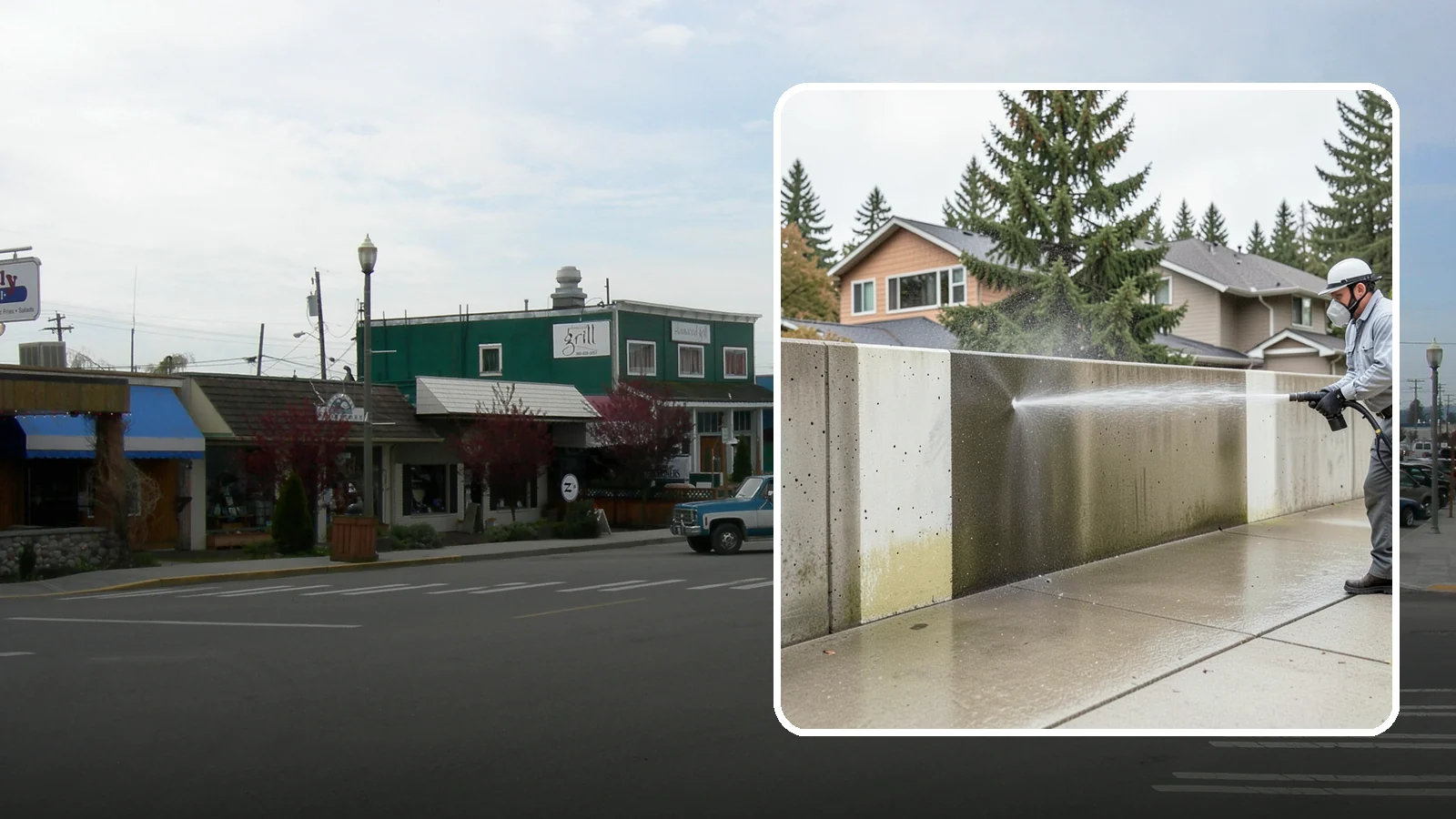 Concrete Wall Cleaning in Stanwood, Snohomish County, WA - Wash algae and grime from vertical concrete walls using soft-wash methods that clean without gouging.