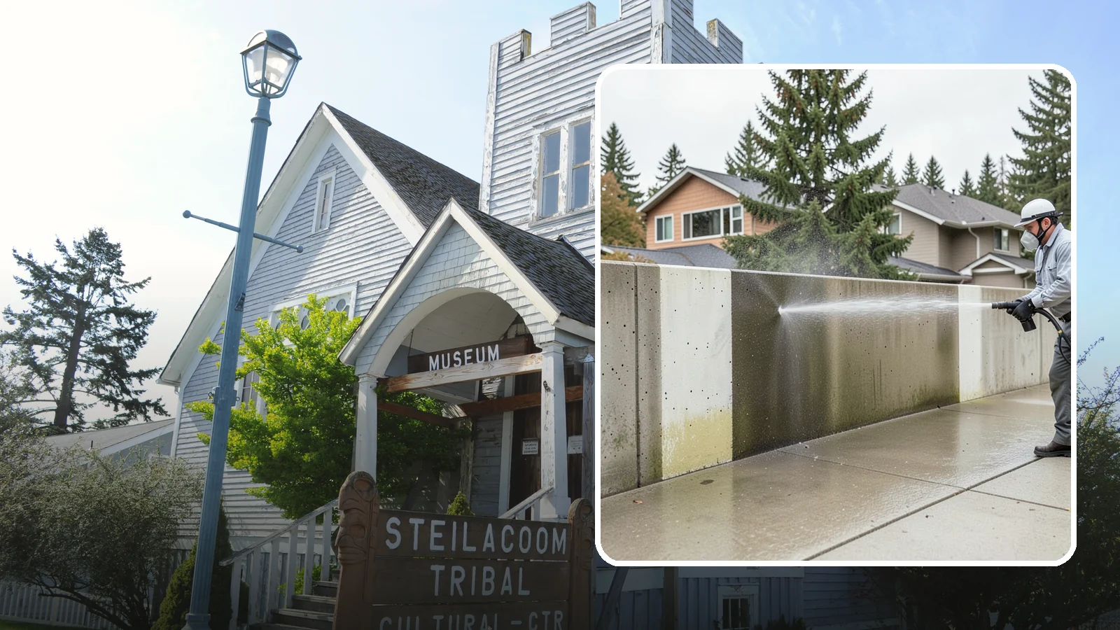 Concrete Wall Cleaning in Steilacoom, Pierce County, WA - Wash algae and grime from vertical concrete walls using soft-wash methods that clean without gouging.