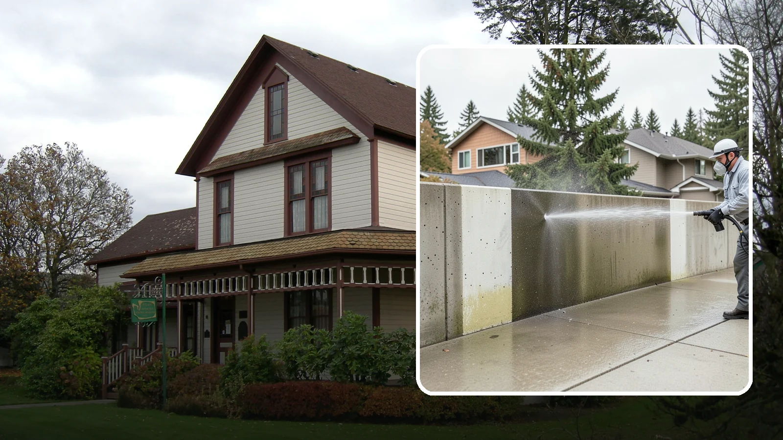 Concrete Wall Cleaning in Sumner, Pierce County, WA - Wash algae and grime from vertical concrete walls using soft-wash methods that clean without gouging.