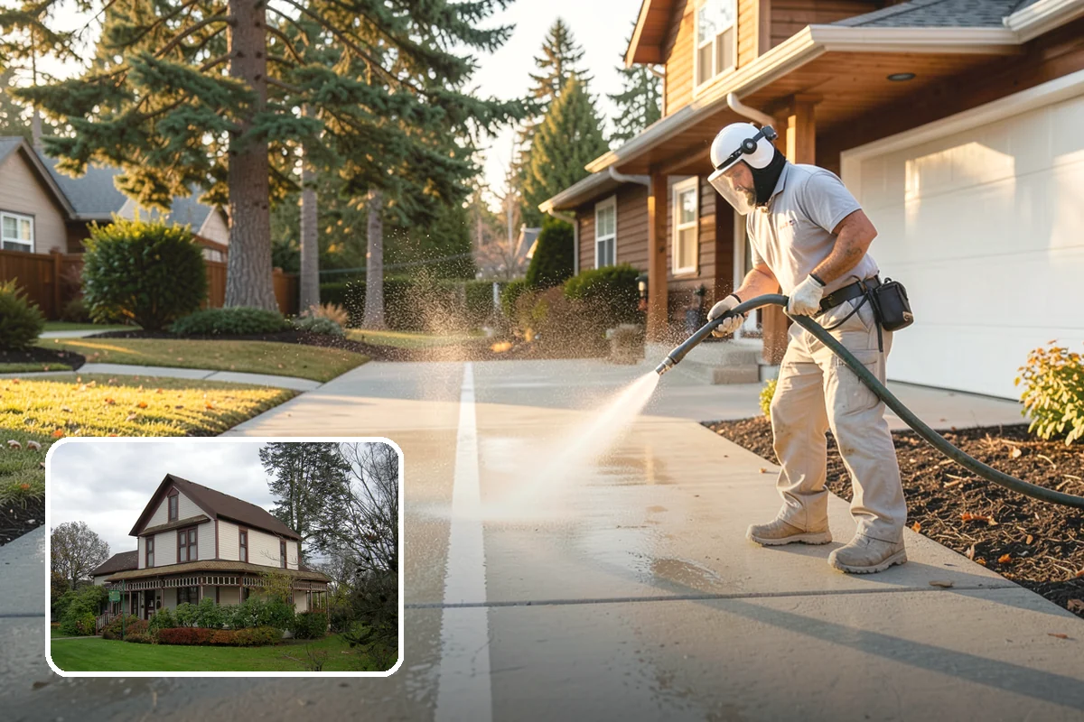 Concrete Wall Cleaning in Sumner, Pierce County, WA - Clears green algae from shaded, north-facing wall surfaces
