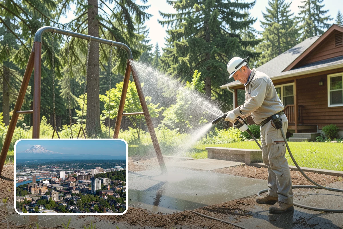 Concrete Wall Cleaning in Tacoma, Pierce County, WA - Clears green algae from shaded, north-facing wall surfaces