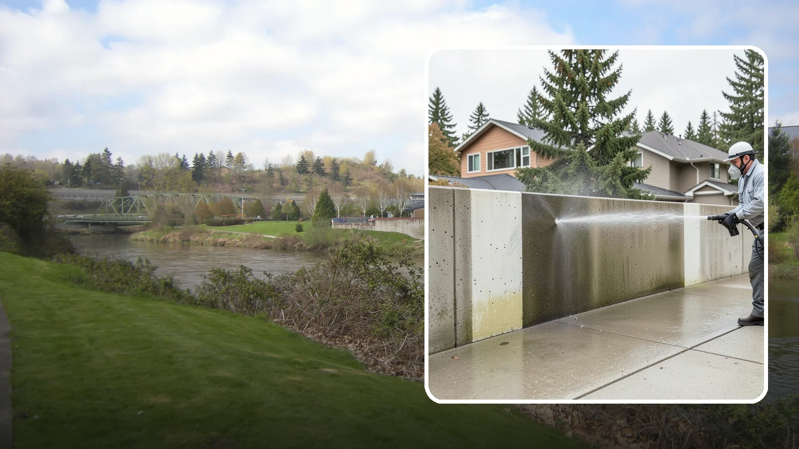 Concrete Wall Cleaning in Tukwila, King County, WA - Wash algae and grime from vertical concrete walls using soft-wash methods that clean without gouging.