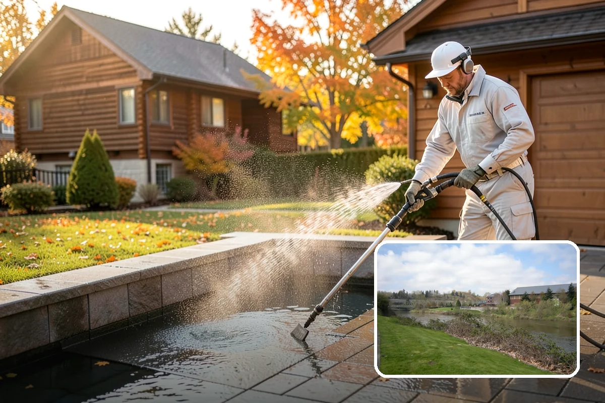 Concrete Wall Cleaning in Tukwila, King County, WA - Clears green algae from shaded, north-facing wall surfaces