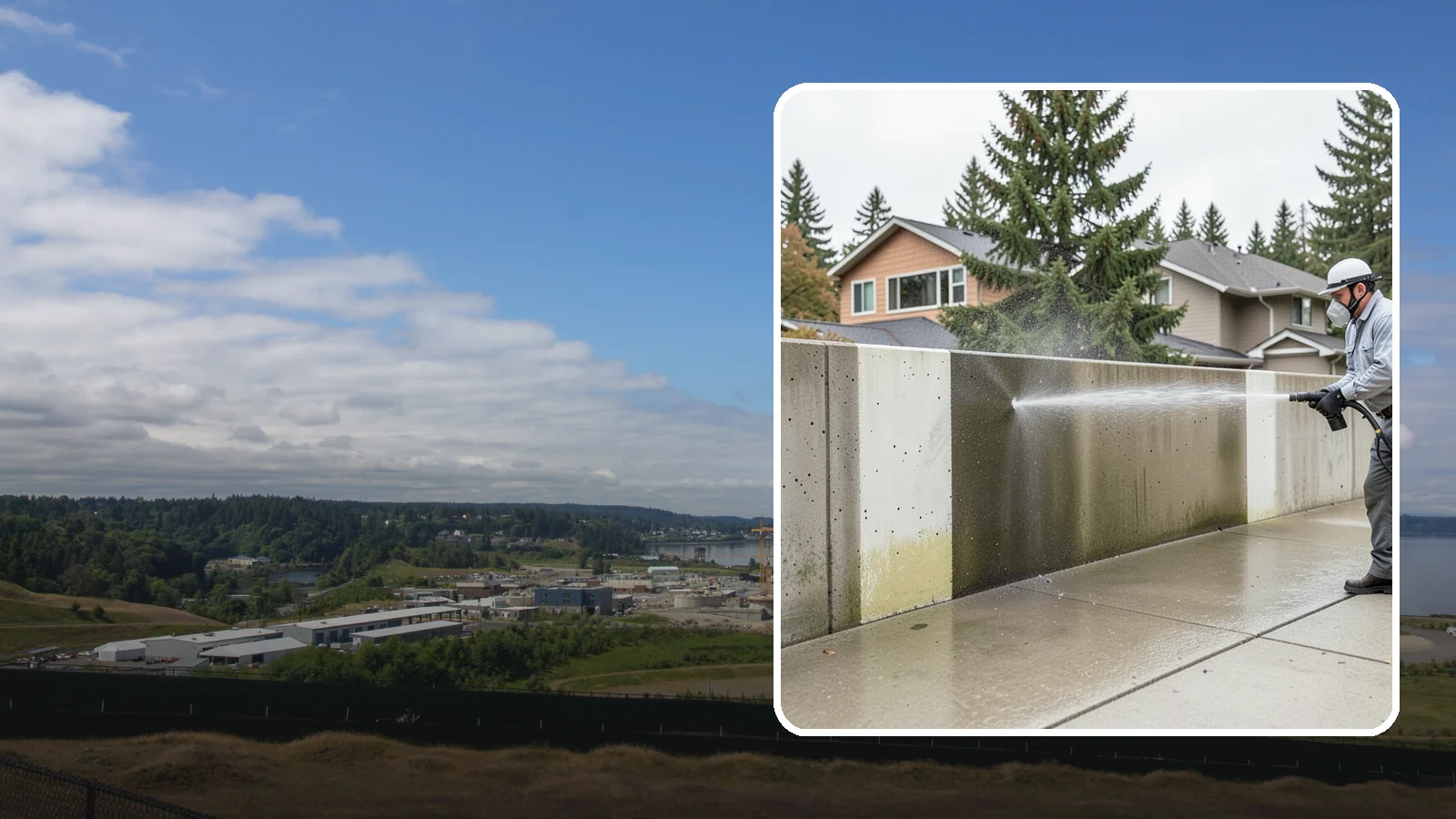 Concrete Wall Cleaning in University Place, Pierce County, WA - Wash algae and grime from vertical concrete walls using soft-wash methods that clean without gouging.