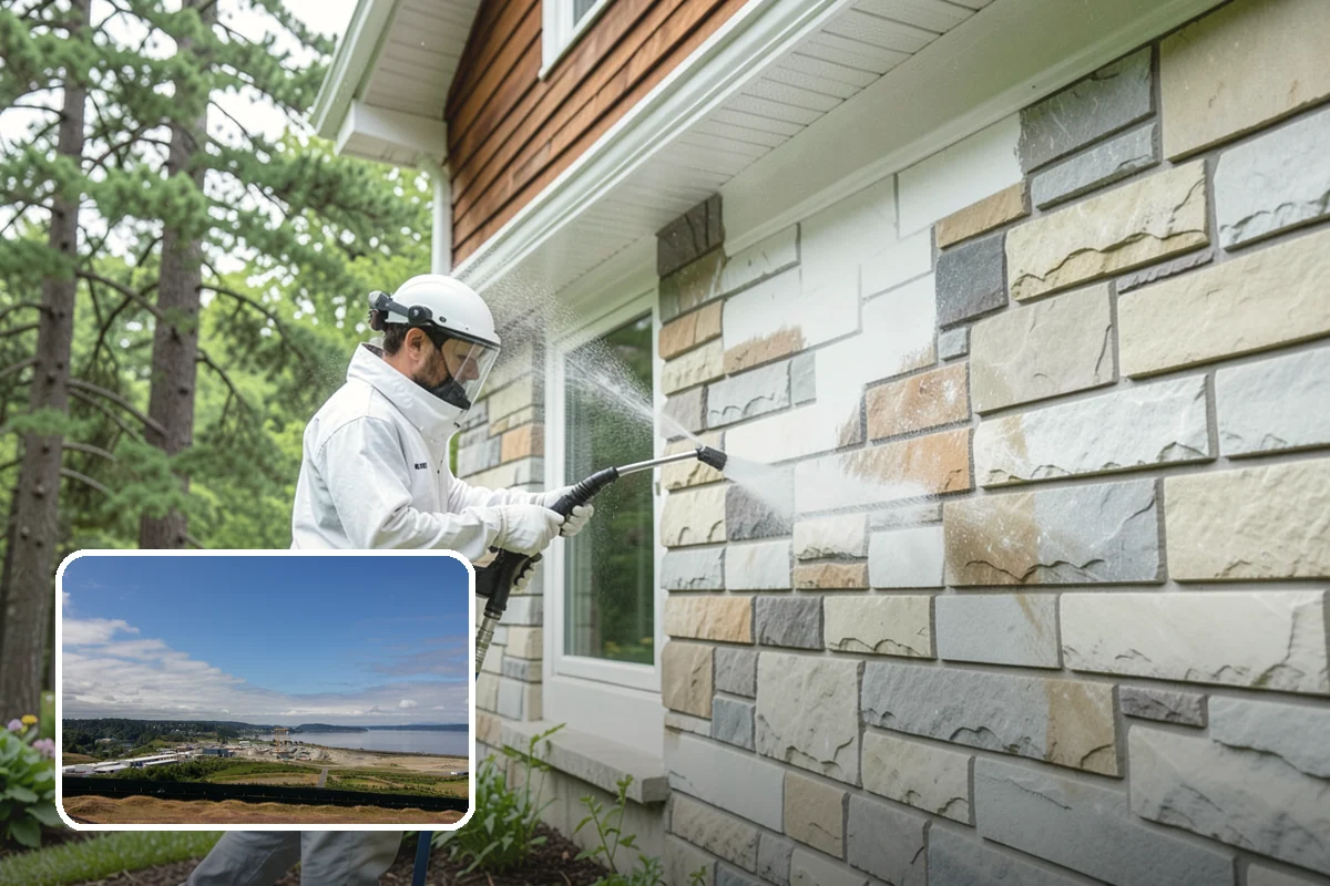 Concrete Wall Cleaning in University Place, Pierce County, WA - Clears green algae from shaded, north-facing wall surfaces