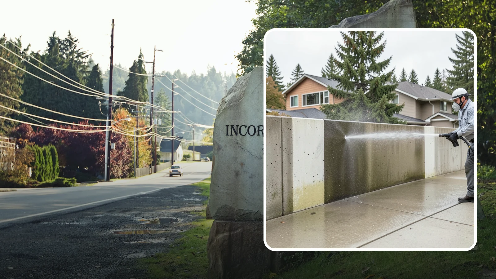 Concrete Wall Cleaning in Wilkeson, Pierce County, WA - Wash algae and grime from vertical concrete walls using soft-wash methods that clean without gouging.