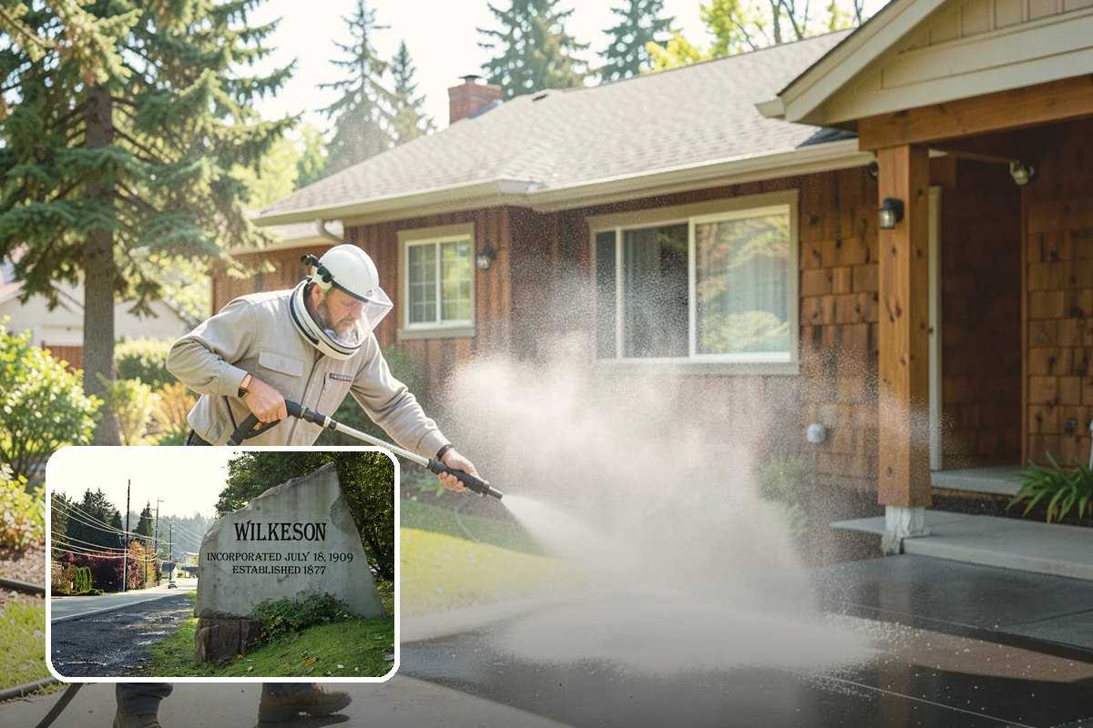 Concrete Wall Cleaning in Wilkeson, Pierce County, WA - Clears green algae from shaded, north-facing wall surfaces