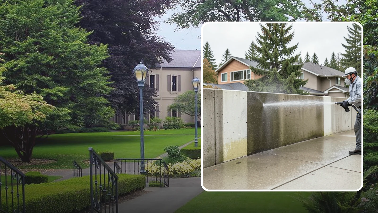 Concrete Wall Cleaning in Woodinville, King County, WA - Wash algae and grime from vertical concrete walls using soft-wash methods that clean without gouging.