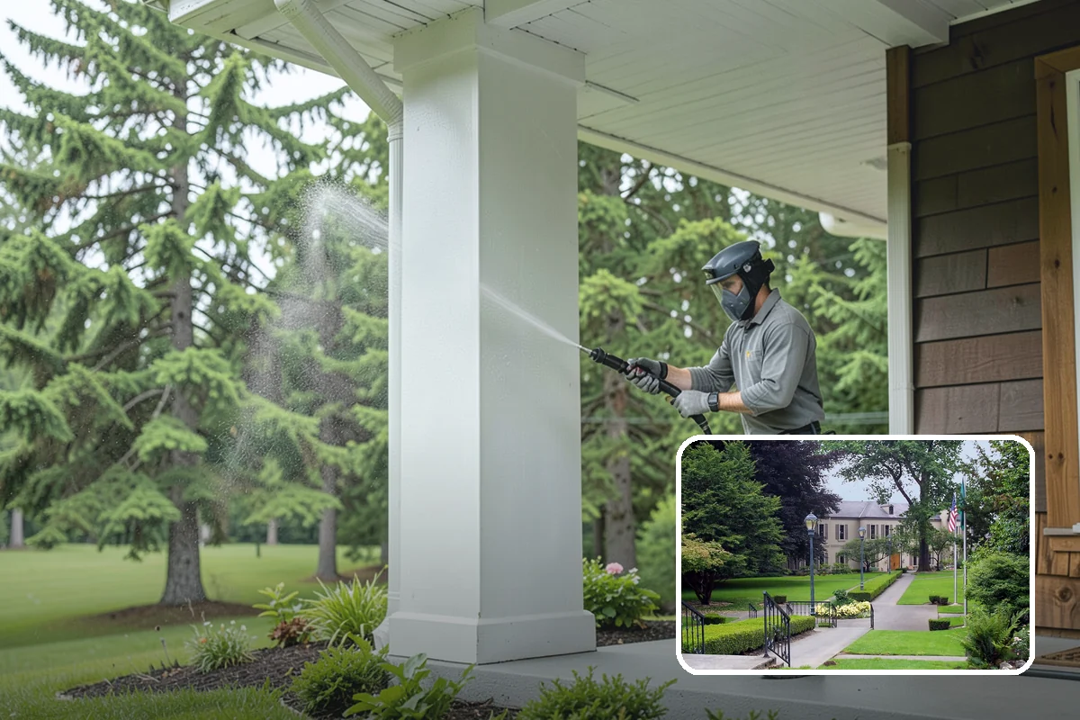 Concrete Wall Cleaning in Woodinville, King County, WA - Clears green algae from shaded, north-facing wall surfaces