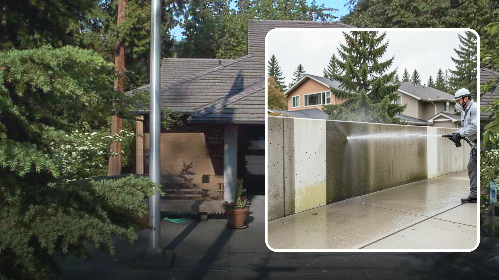 Concrete Wall Cleaning in Yarrow Point, King County, WA - Wash algae and grime from vertical concrete walls using soft-wash methods that clean without gouging.