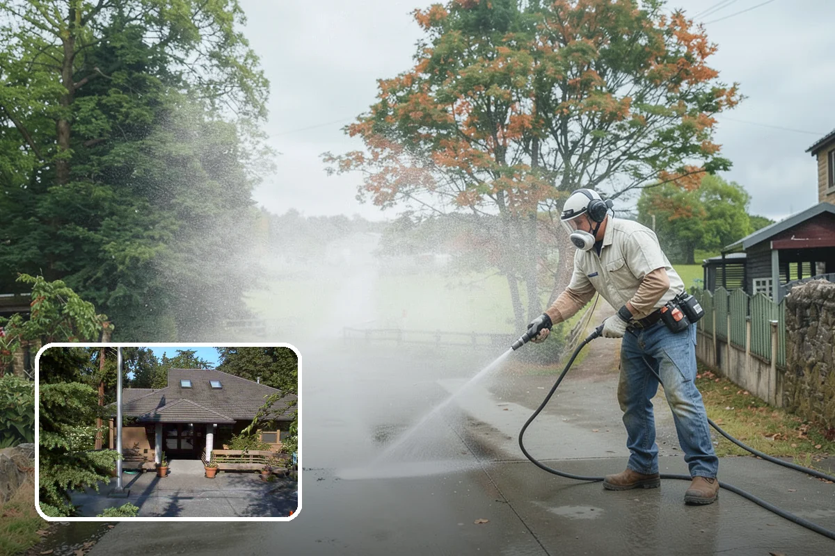 Concrete Wall Cleaning in Yarrow Point, King County, WA - Clears green algae from shaded, north-facing wall surfaces
