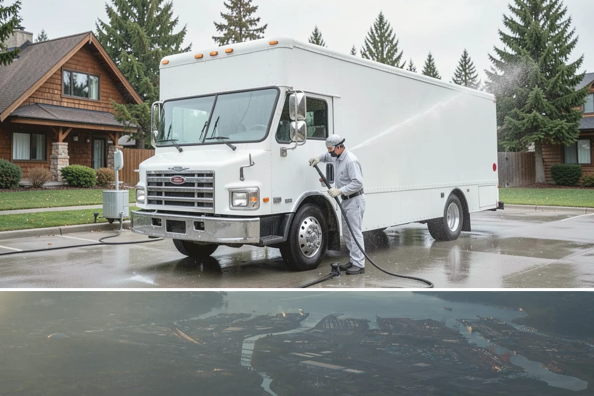Construction Cleanup Washing in Fife, Pierce County, WA - Construction cleanup washing is scheduled at project completion in any season, with extra rinsing needed after Washington's rainy...