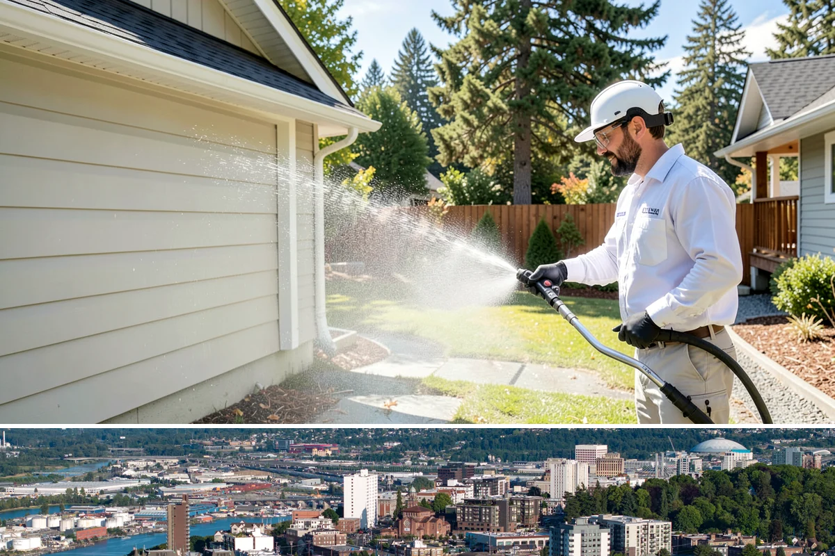 Construction Cleanup Washing in Tacoma, Pierce County, WA - Construction cleanup washing is scheduled at project completion in any season, with extra rinsing needed after Washington's rainy...