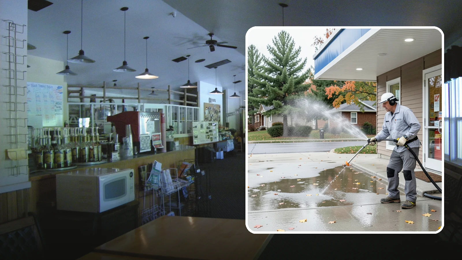 Convenience Store Cleaning in Black Diamond, King County, WA - Fast-turnaround exterior cleaning for convenience stores that clears spills, gum, grease, and grime from entrances, walkways, and...