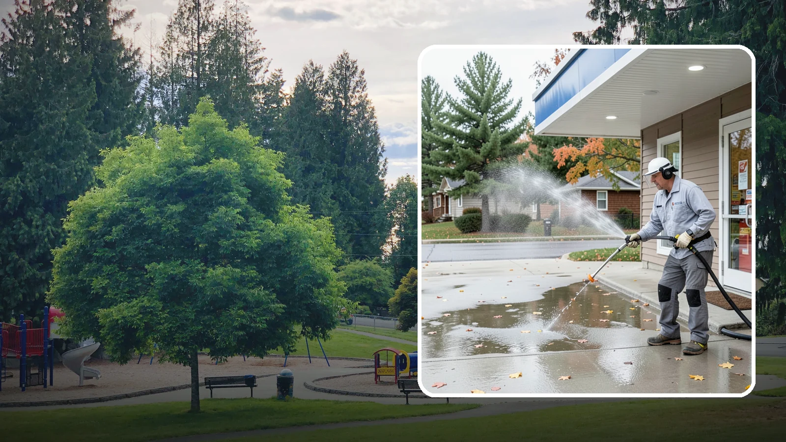 Convenience Store Cleaning in Bonney Lake, Pierce County, WA - Fast-turnaround exterior cleaning for convenience stores that clears spills, gum, grease, and grime from entrances, walkways, and...