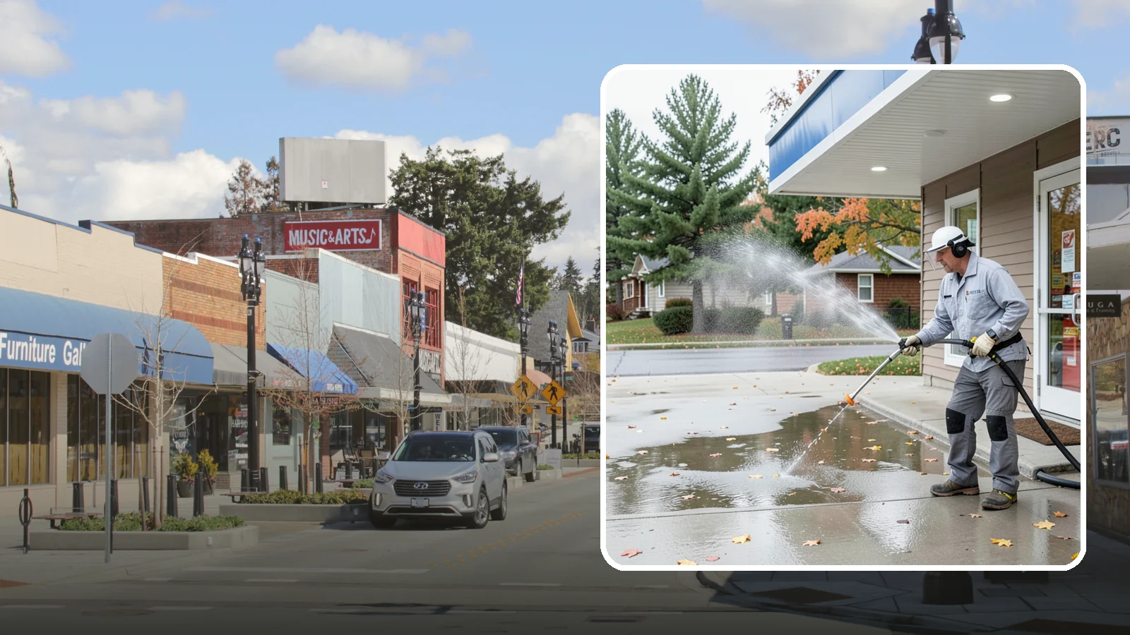 Convenience Store Cleaning in Bothell, King County, WA - Fast-turnaround exterior cleaning for convenience stores that clears spills, gum, grease, and grime from entrances, walkways, and...