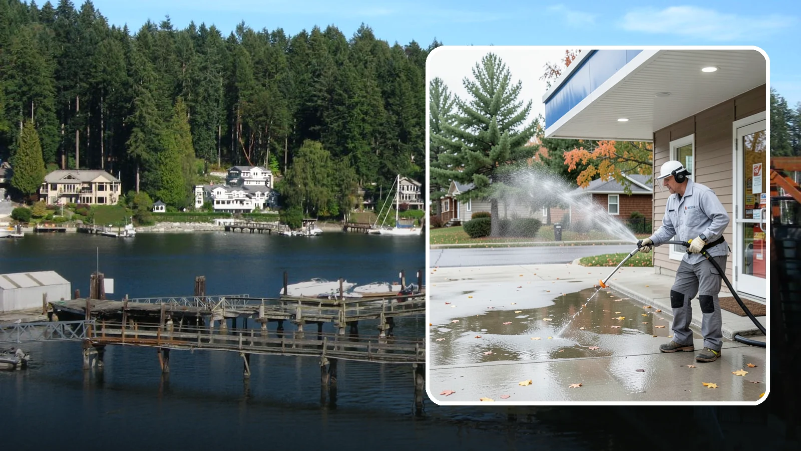 Convenience Store Cleaning in Gig Harbor, Pierce County, WA - Fast-turnaround exterior cleaning for convenience stores that clears spills, gum, grease, and grime from entrances, walkways, and...