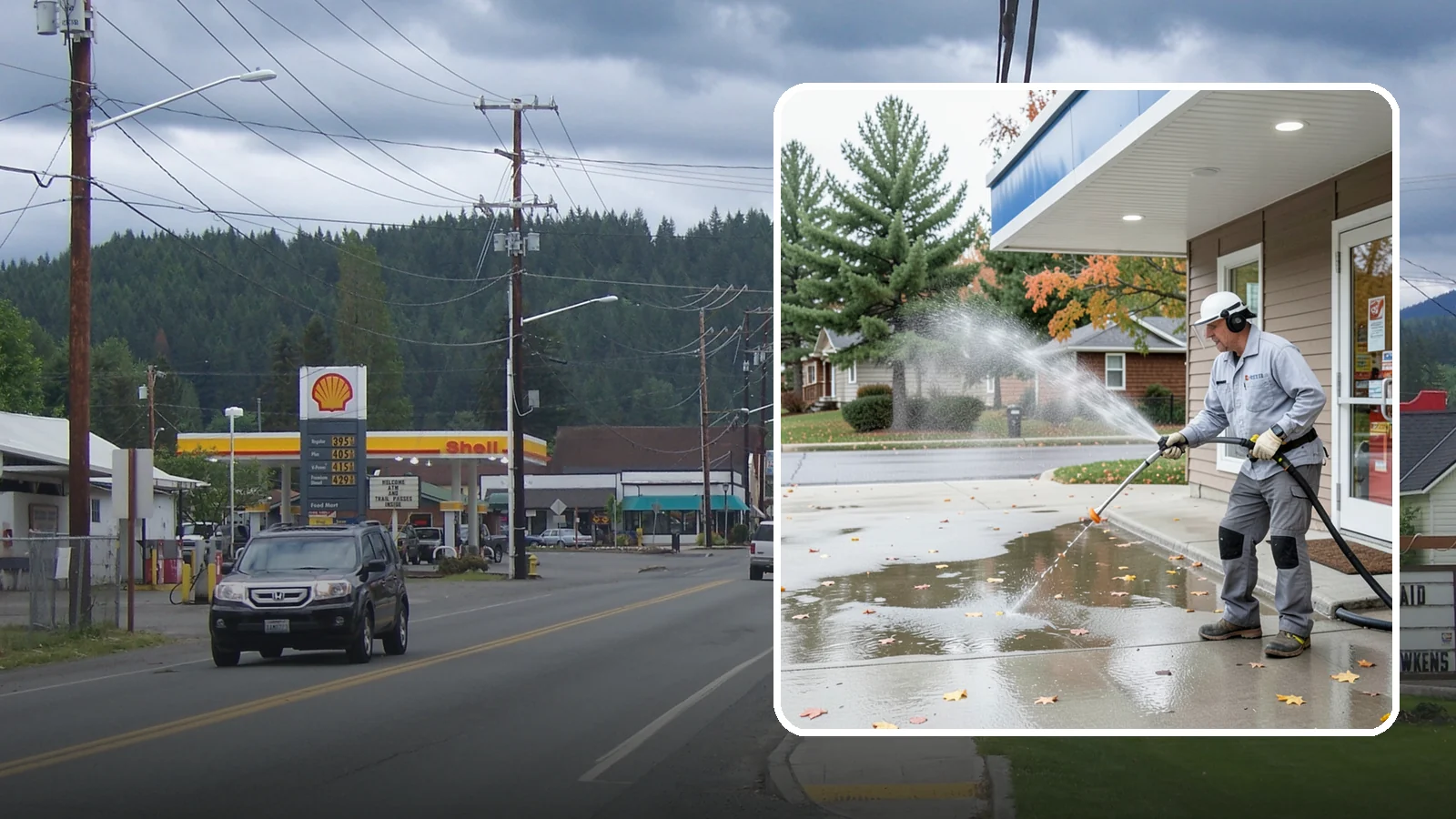Convenience Store Cleaning in Granite Falls, Snohomish County, WA - Fast-turnaround exterior cleaning for convenience stores that clears spills, gum, grease, and grime from entrances, walkways, and...