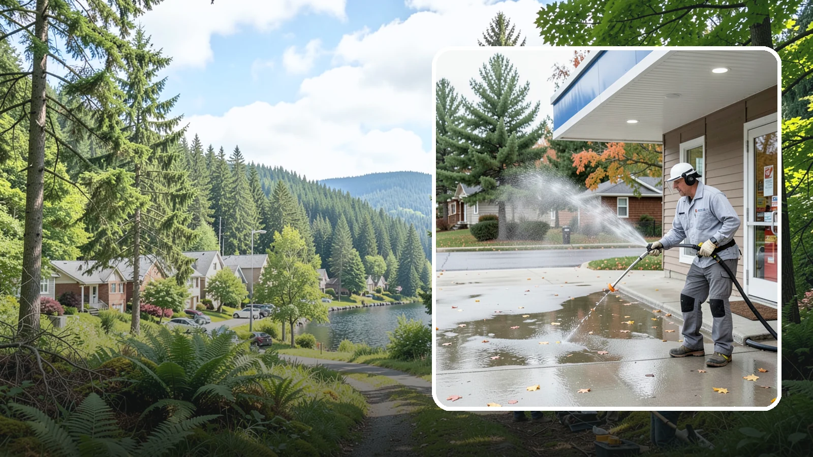 Convenience Store Cleaning in Lake Forest Park, King County, WA - Fast-turnaround exterior cleaning for convenience stores that clears spills, gum, grease, and grime from entrances, walkways, and...