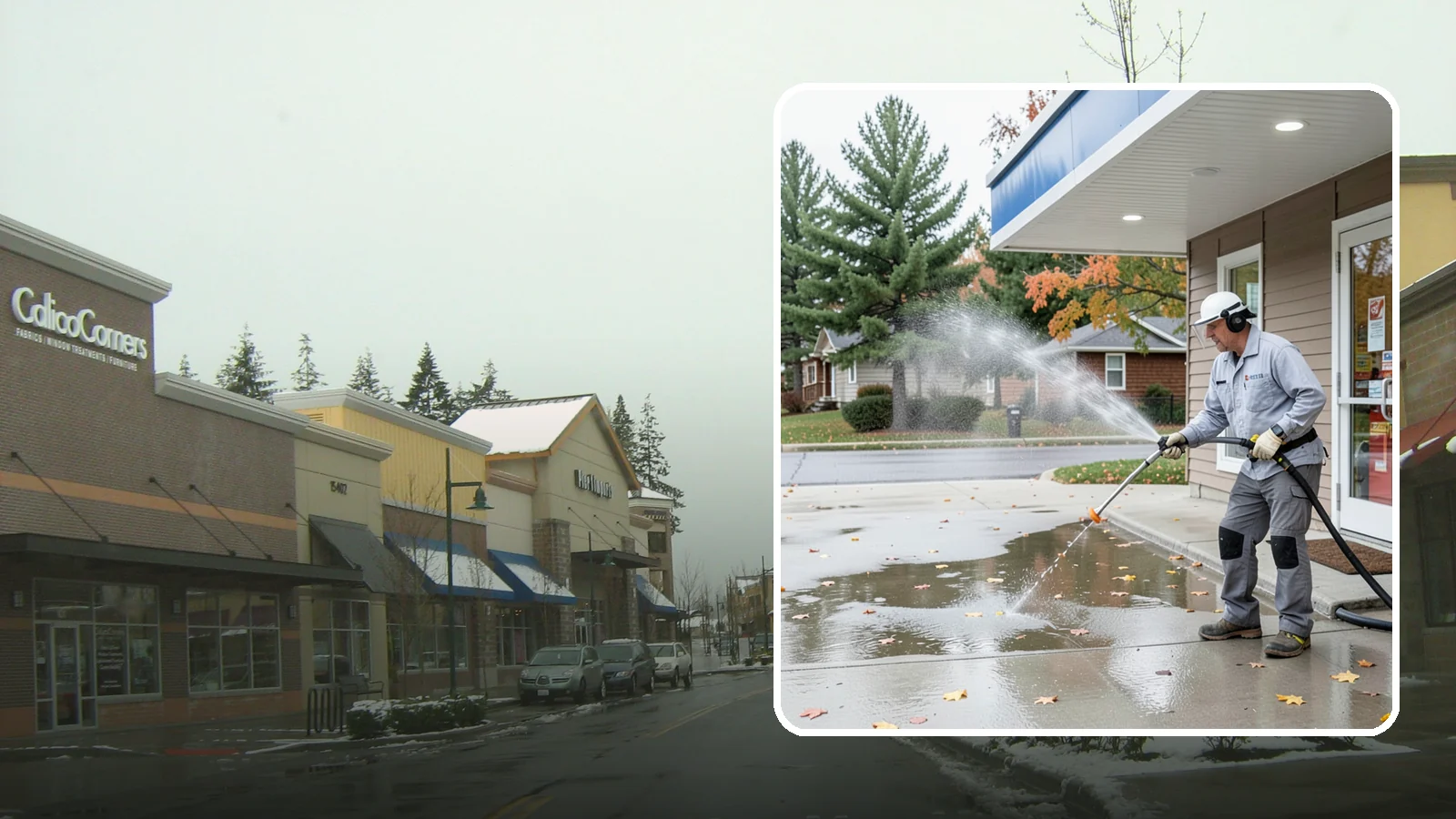 Convenience Store Cleaning in Mill Creek, Snohomish County, WA - Fast-turnaround exterior cleaning for convenience stores that clears spills, gum, grease, and grime from entrances, walkways, and...