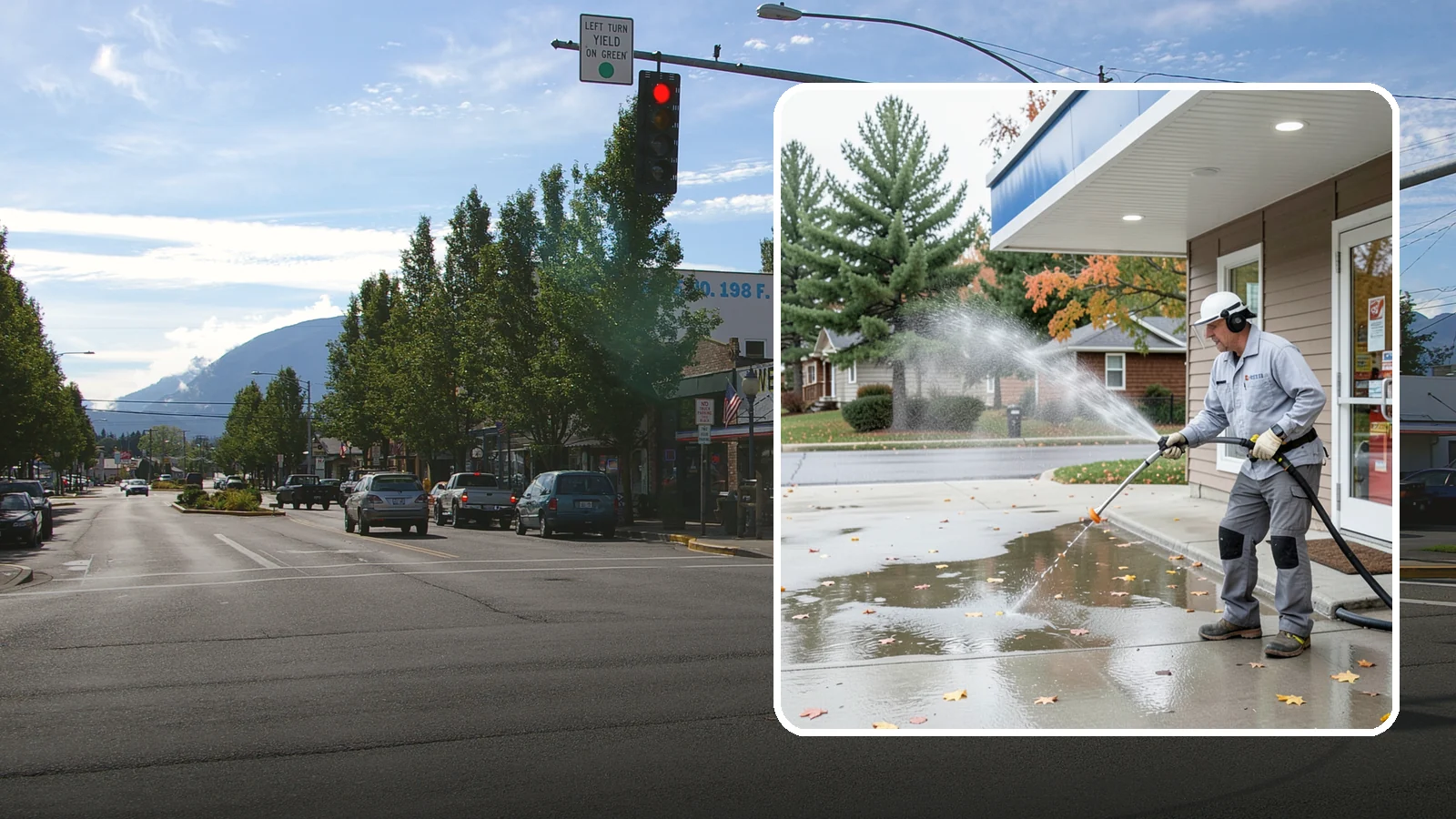 Convenience Store Cleaning in North Bend, King County, WA - Fast-turnaround exterior cleaning for convenience stores that clears spills, gum, grease, and grime from entrances, walkways, and...
