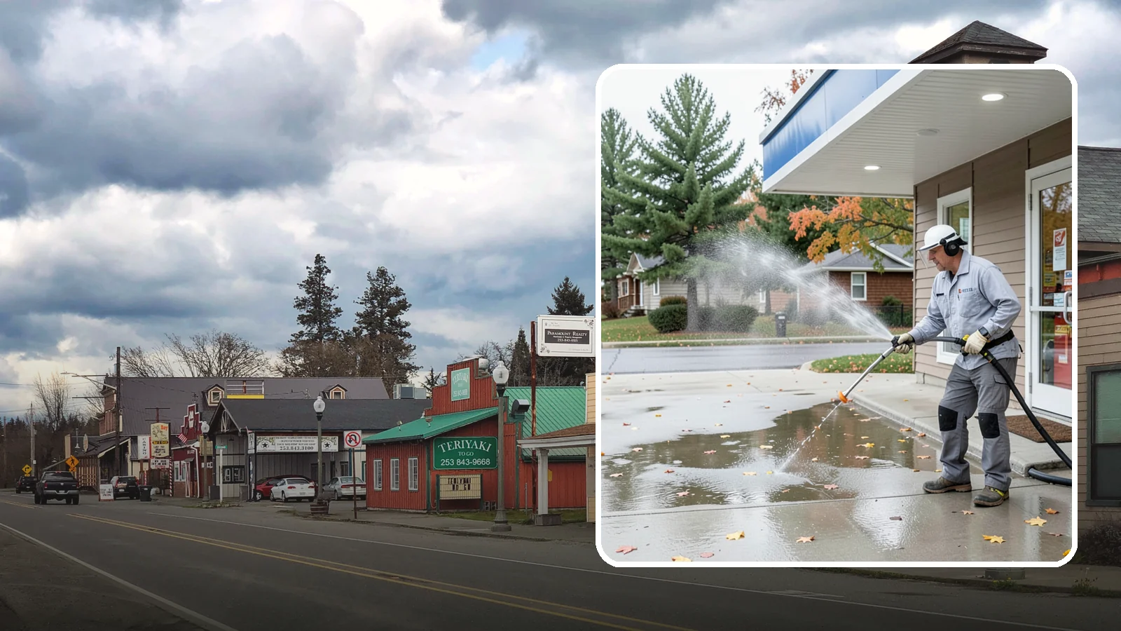 Convenience Store Cleaning in Roy, Pierce County, WA - Fast-turnaround exterior cleaning for convenience stores that clears spills, gum, grease, and grime from entrances, walkways, and...