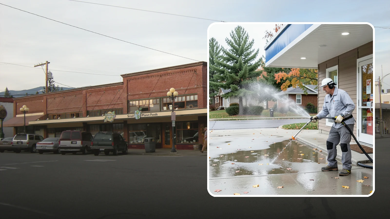 Convenience Store Cleaning in Sedro-Woolley, Skagit County, WA - Fast-turnaround exterior cleaning for convenience stores that clears spills, gum, grease, and grime from entrances, walkways, and...