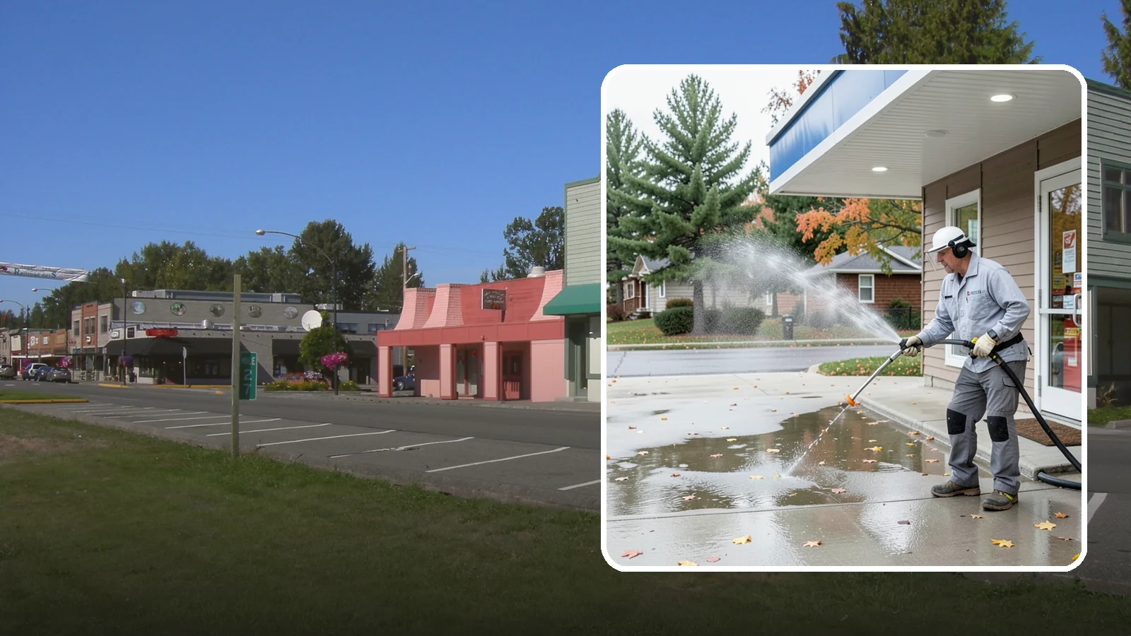Convenience Store Cleaning in Snoqualmie, King County, WA - Fast-turnaround exterior cleaning for convenience stores that clears spills, gum, grease, and grime from entrances, walkways, and...