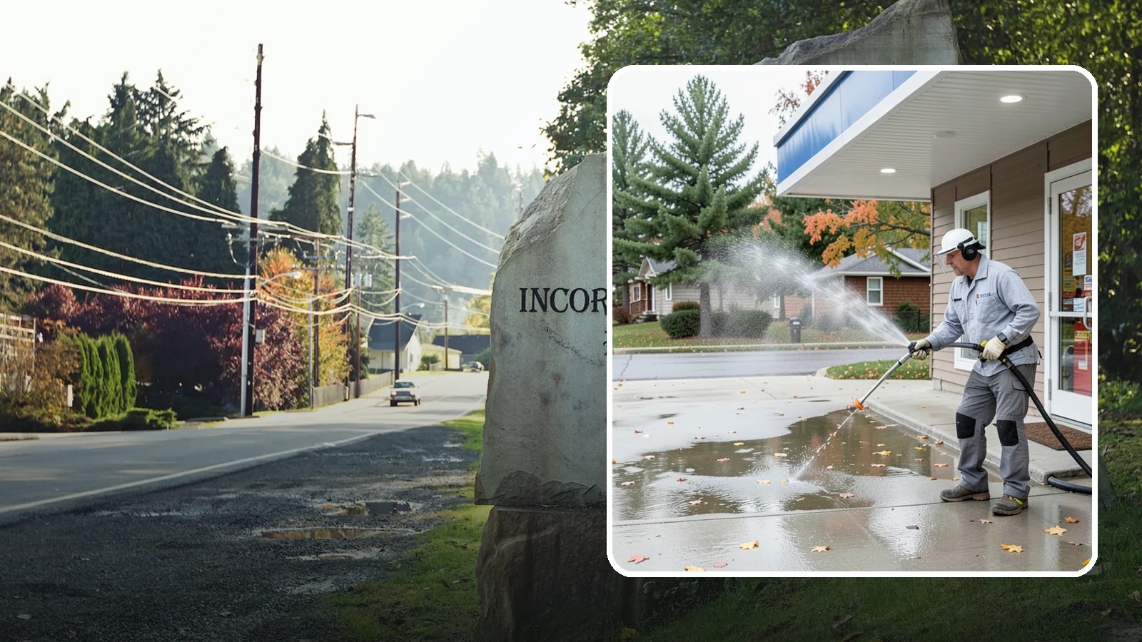Convenience Store Cleaning in Wilkeson, Pierce County, WA - Fast-turnaround exterior cleaning for convenience stores that clears spills, gum, grease, and grime from entrances, walkways, and...