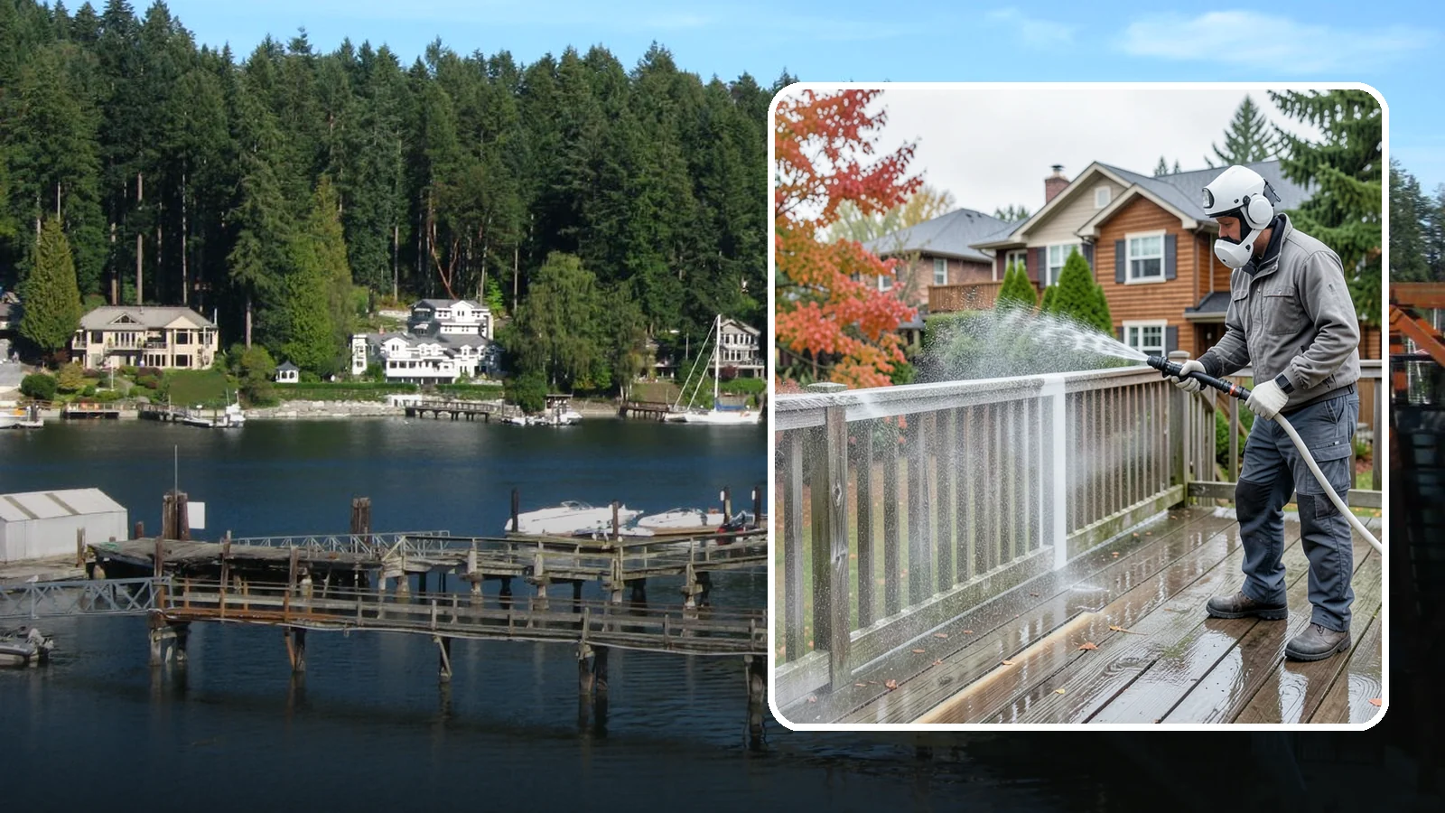 Deck & Fence Package in Gig Harbor, Pierce County, WA - We clean and brighten your deck and fence together to revive the wood or composite the Northwest wet season grays out.