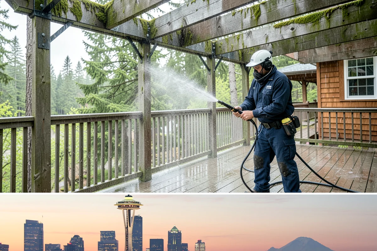 Deck Brightening in Seattle, King County, WA - Brighten decks right after cleaning in dry summer weather for the best color and cure.