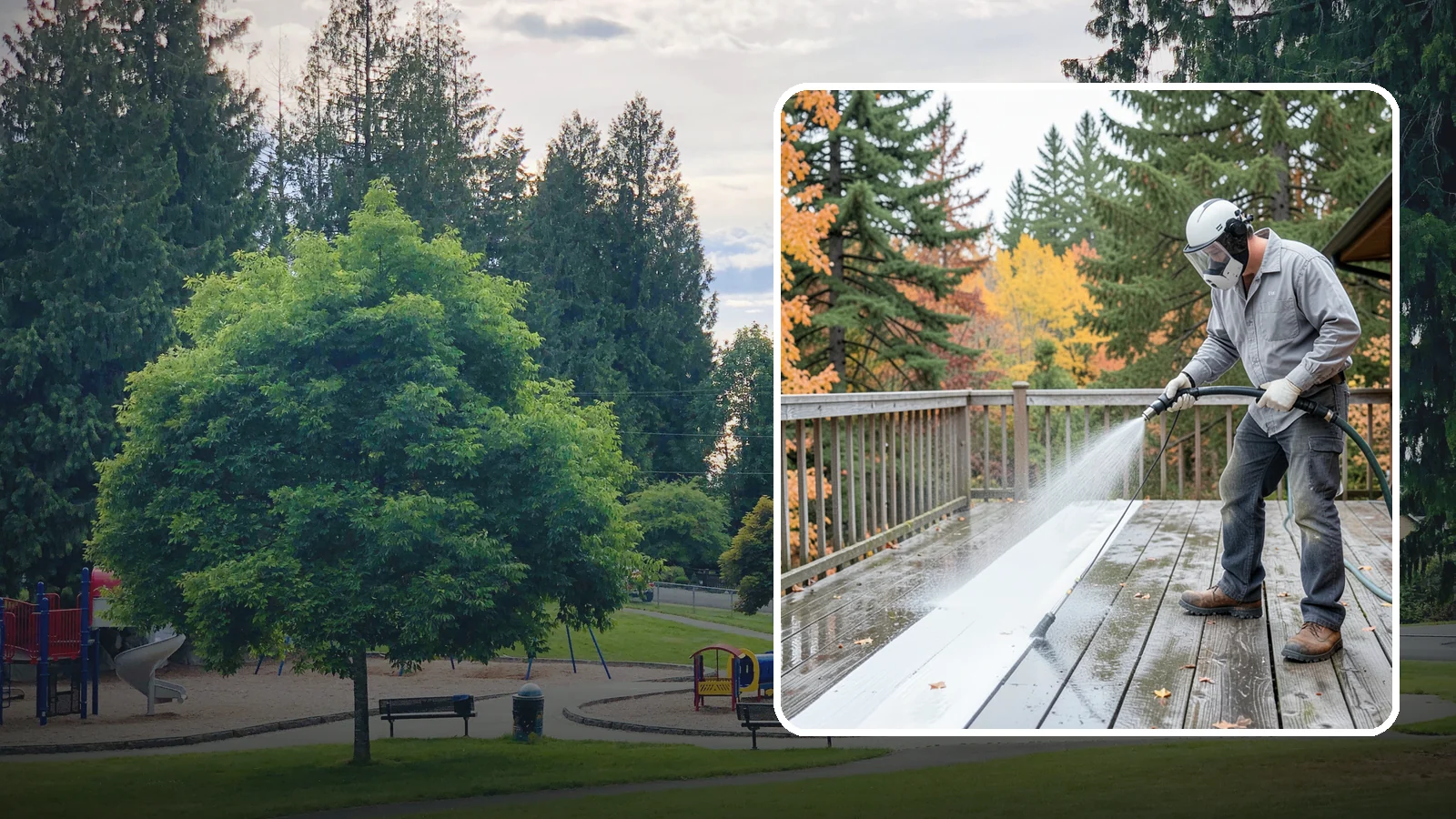 Deck Maintenance Cleaning in Bonney Lake, Pierce County, WA - Keep a finished deck on a regular soft-wash schedule to hold off Northwest growth year over year.