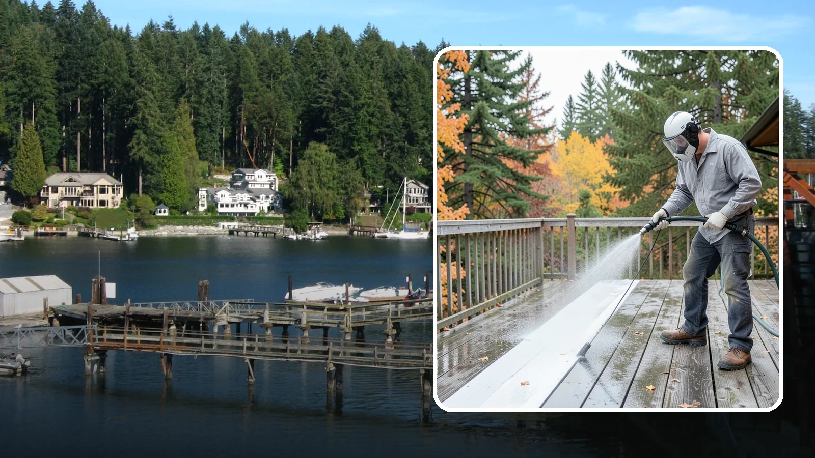 Deck Maintenance Cleaning in Gig Harbor, Pierce County, WA - Keep a finished deck on a regular soft-wash schedule to hold off Northwest growth year over year.