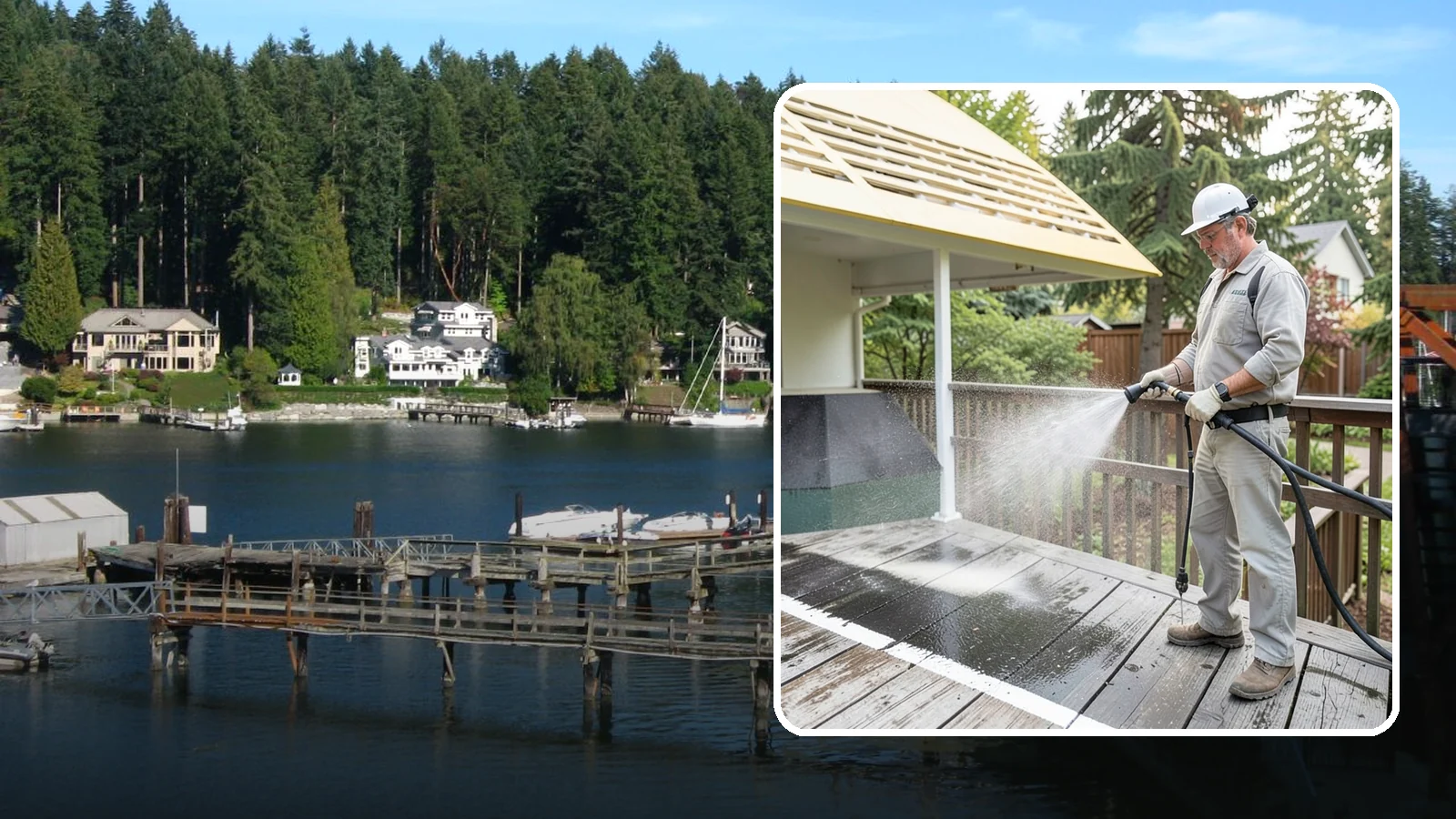 Deck Mildew Removal in Gig Harbor, Pierce County, WA - Kill and remove the mildew that shaded, damp Washington decks grow between the boards.