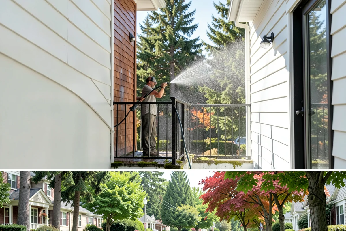 Deck Railing Cleaning in Beaux Arts Village, King County, WA - Clean deck railings alongside the deck floor in dry summer weather for an even finish.