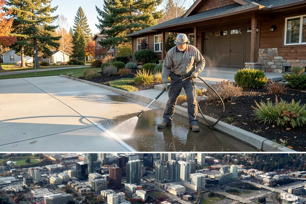 Deck Railing Cleaning in Bellevue, King County, WA - Clean deck railings alongside the deck floor in dry summer weather for an even finish.