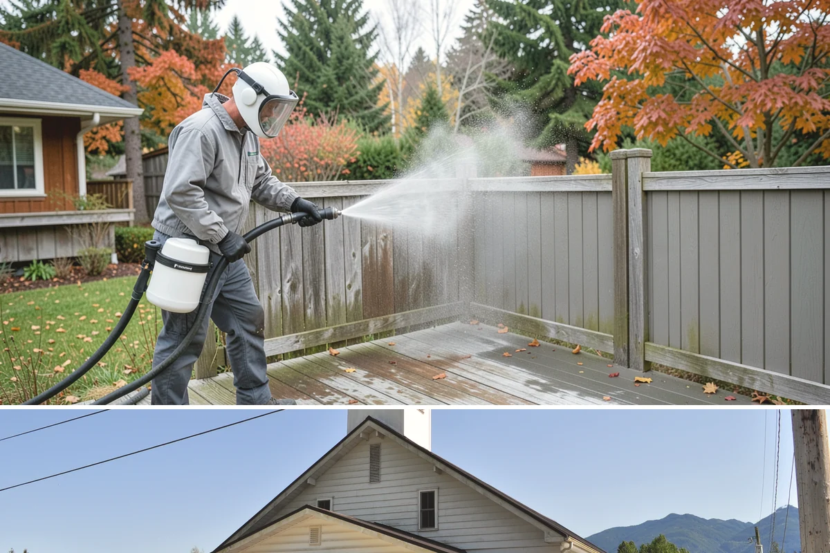 Deck Railing Cleaning in Concrete, Skagit County, WA - Clean deck railings alongside the deck floor in dry summer weather for an even finish.