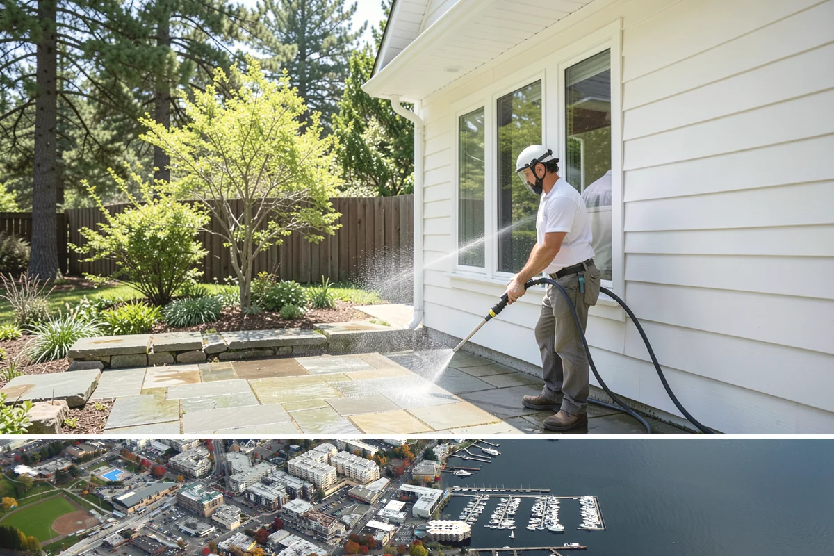 Deck Railing Cleaning in Kirkland, King County, WA - Clean deck railings alongside the deck floor in dry summer weather for an even finish.