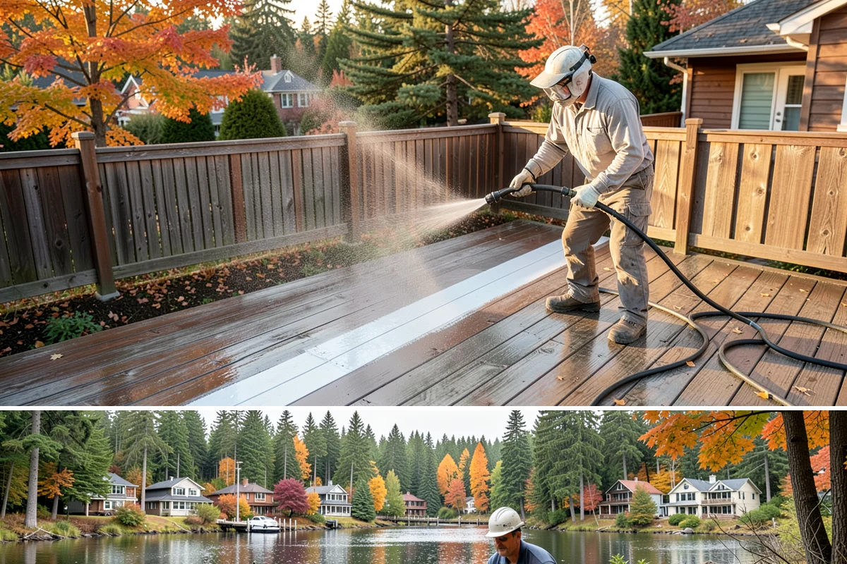 Deck Railing Cleaning in La Conner, Skagit County, WA - Clean deck railings alongside the deck floor in dry summer weather for an even finish.