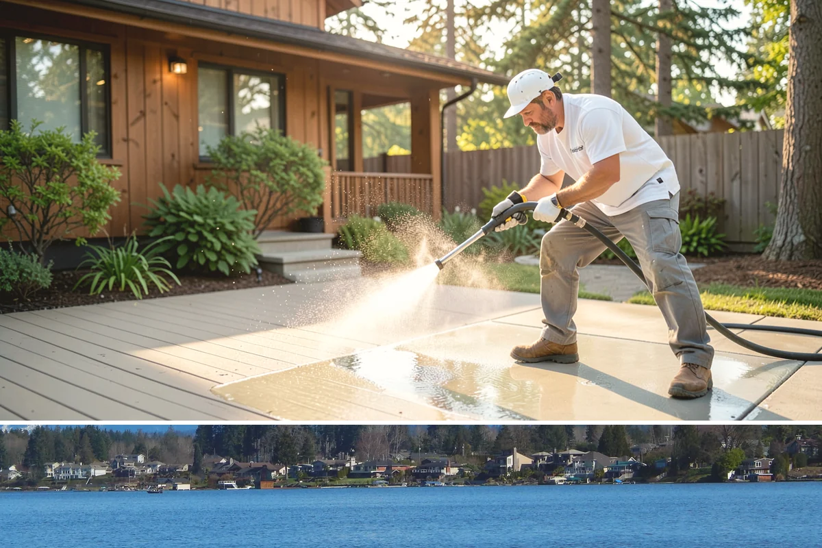 Deck Railing Cleaning in Lake Stevens, Snohomish County, WA - Clean deck railings alongside the deck floor in dry summer weather for an even finish.