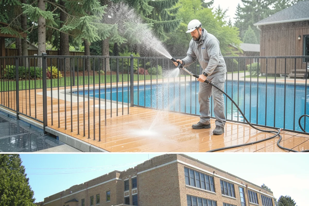 Deck Railing Cleaning in Maple Valley, King County, WA - Clean deck railings alongside the deck floor in dry summer weather for an even finish.