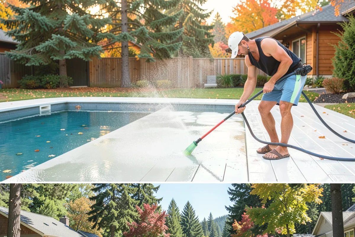 Deck Railing Cleaning in Orting, Pierce County, WA - Clean deck railings alongside the deck floor in dry summer weather for an even finish.