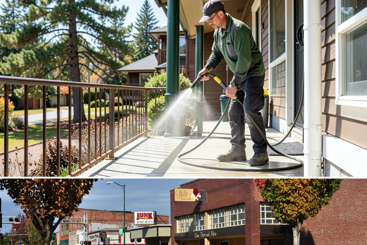Deck Railing Cleaning in Puyallup, Pierce County, WA - Clean deck railings alongside the deck floor in dry summer weather for an even finish.